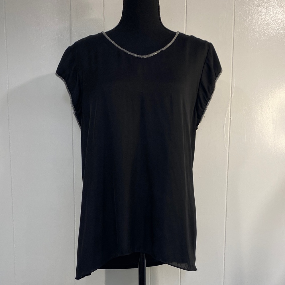 Cynthia Rowley Black Beaded Blouse XL Satin Cocktail Evening Dressy Flowy